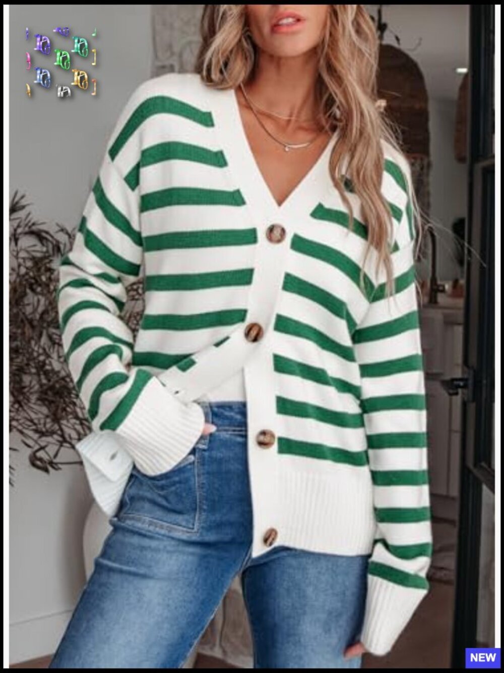 Lightweight Striped Cardigan V-Neck Open Front Button Down Knit Sweater - Picture 3 of 7
